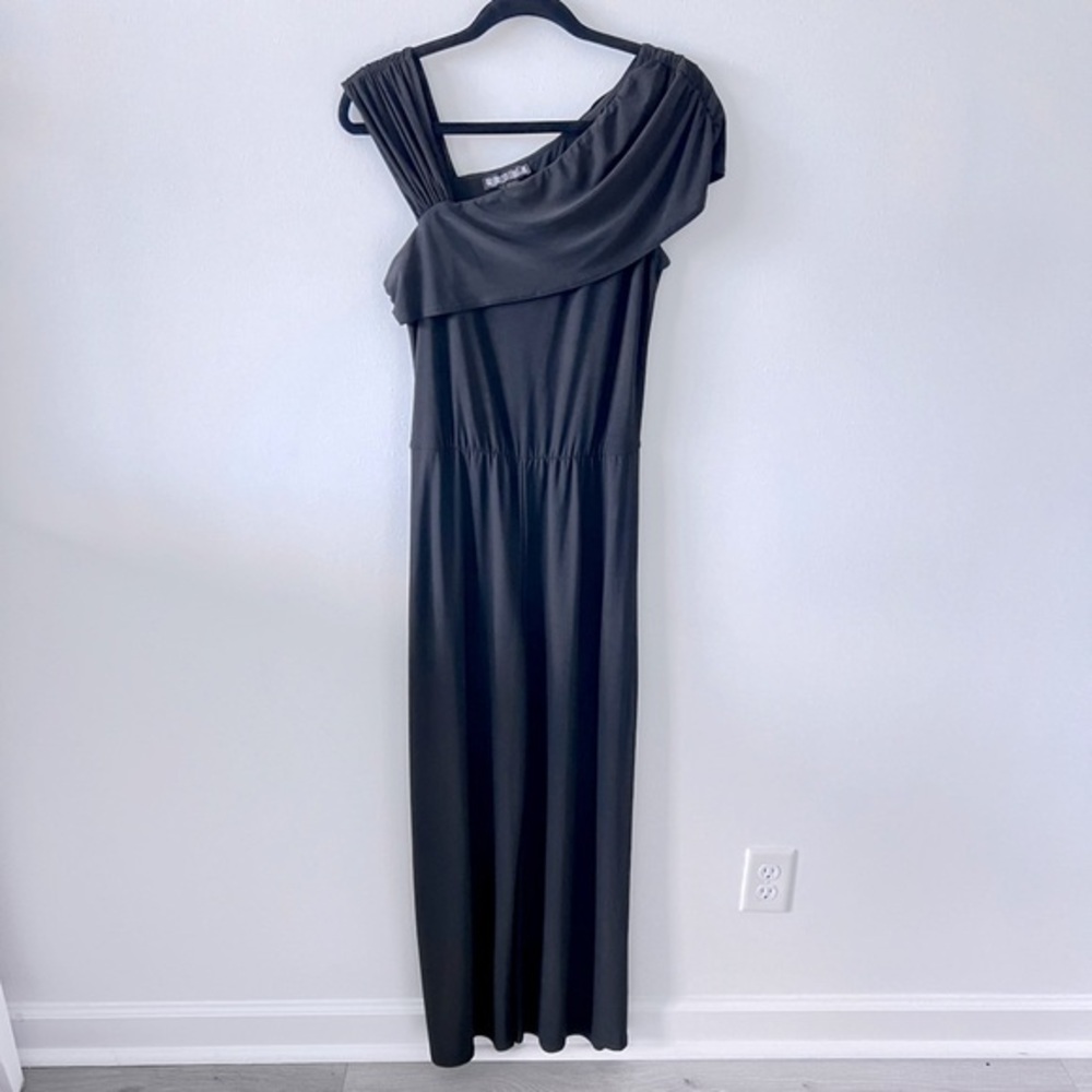 Paper Doll Black Wide-leg Asymmetric Neckline Jumpsuit with Belt